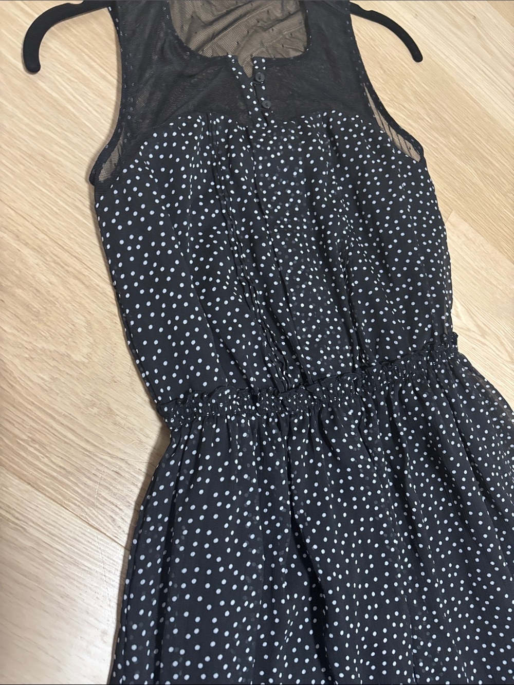 JACOB (XS) Sleeveless Black Polka Dot Midi Dress Mesh Flowy Lined Elastic Waist - Picture 7 of 15